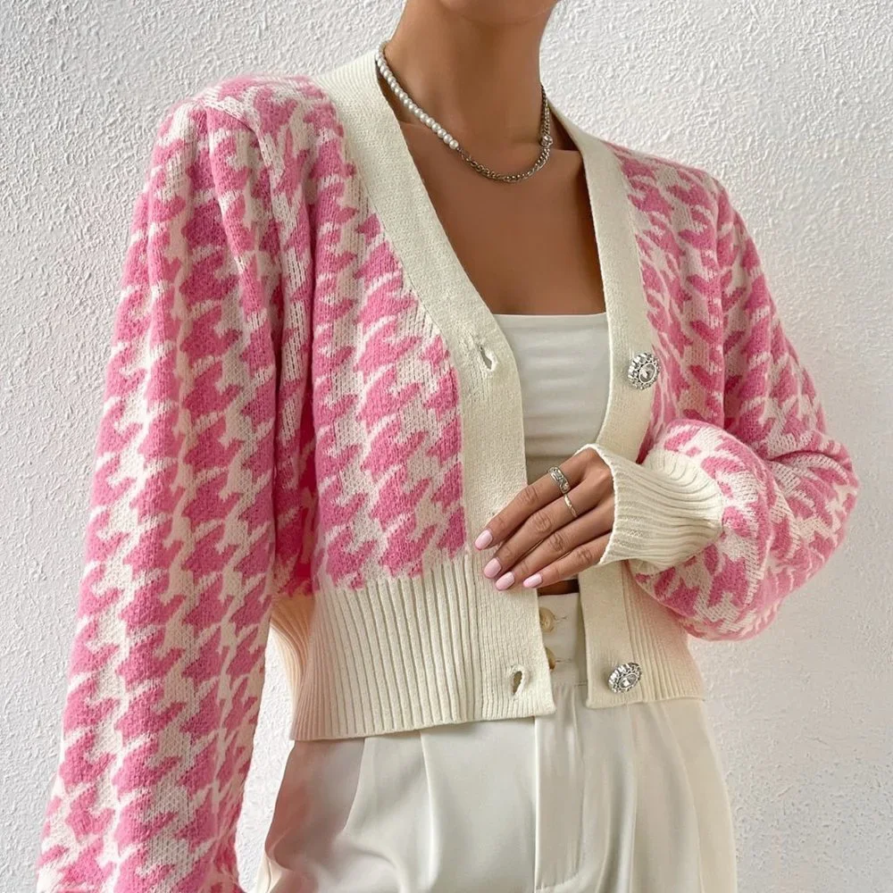 Pink Preppy Womens Houndstooth Pattern Lantern Sleeve Cardigan - Picture 4 of 5